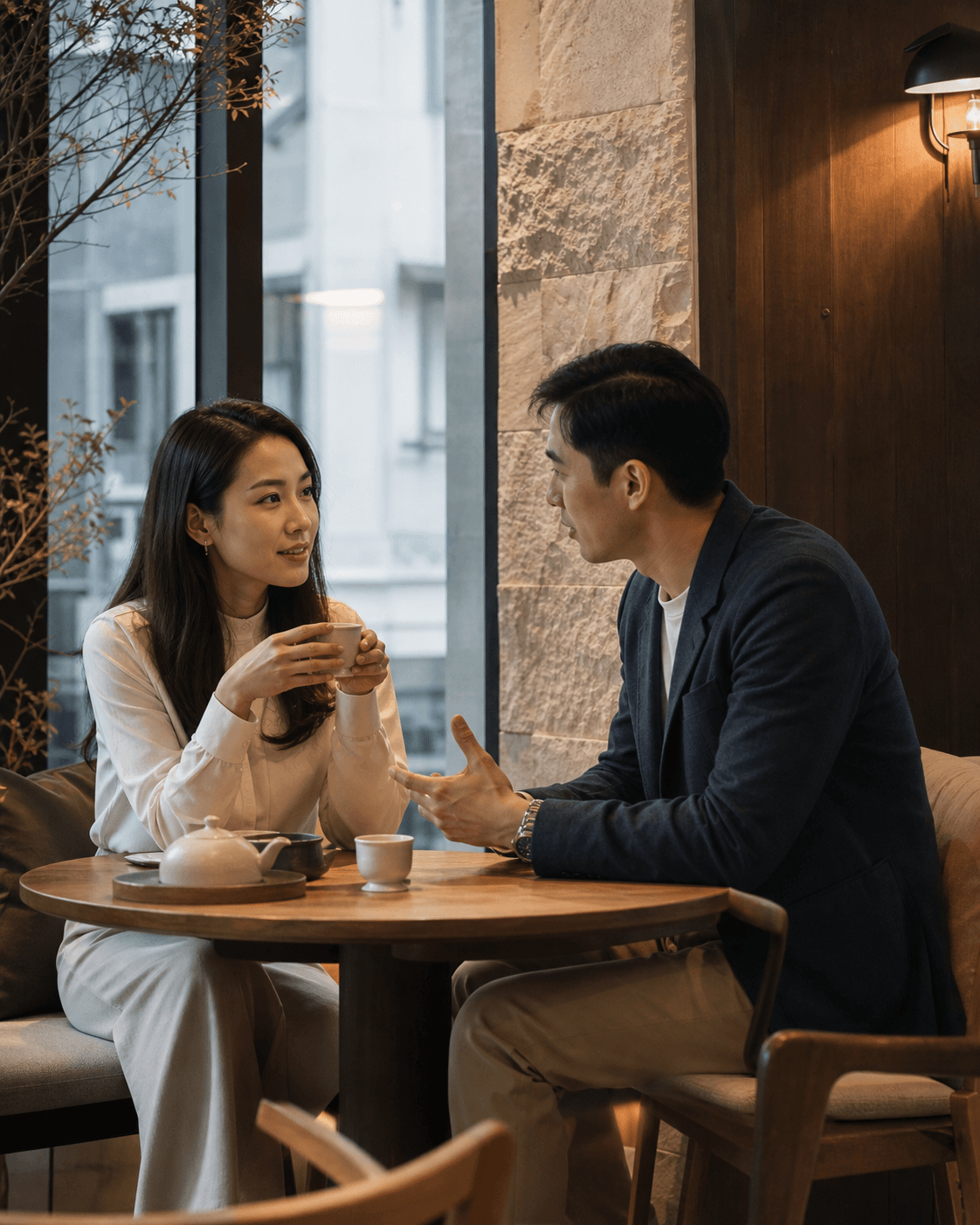 兩人在咖啡店傾偈；品牌情境示意。