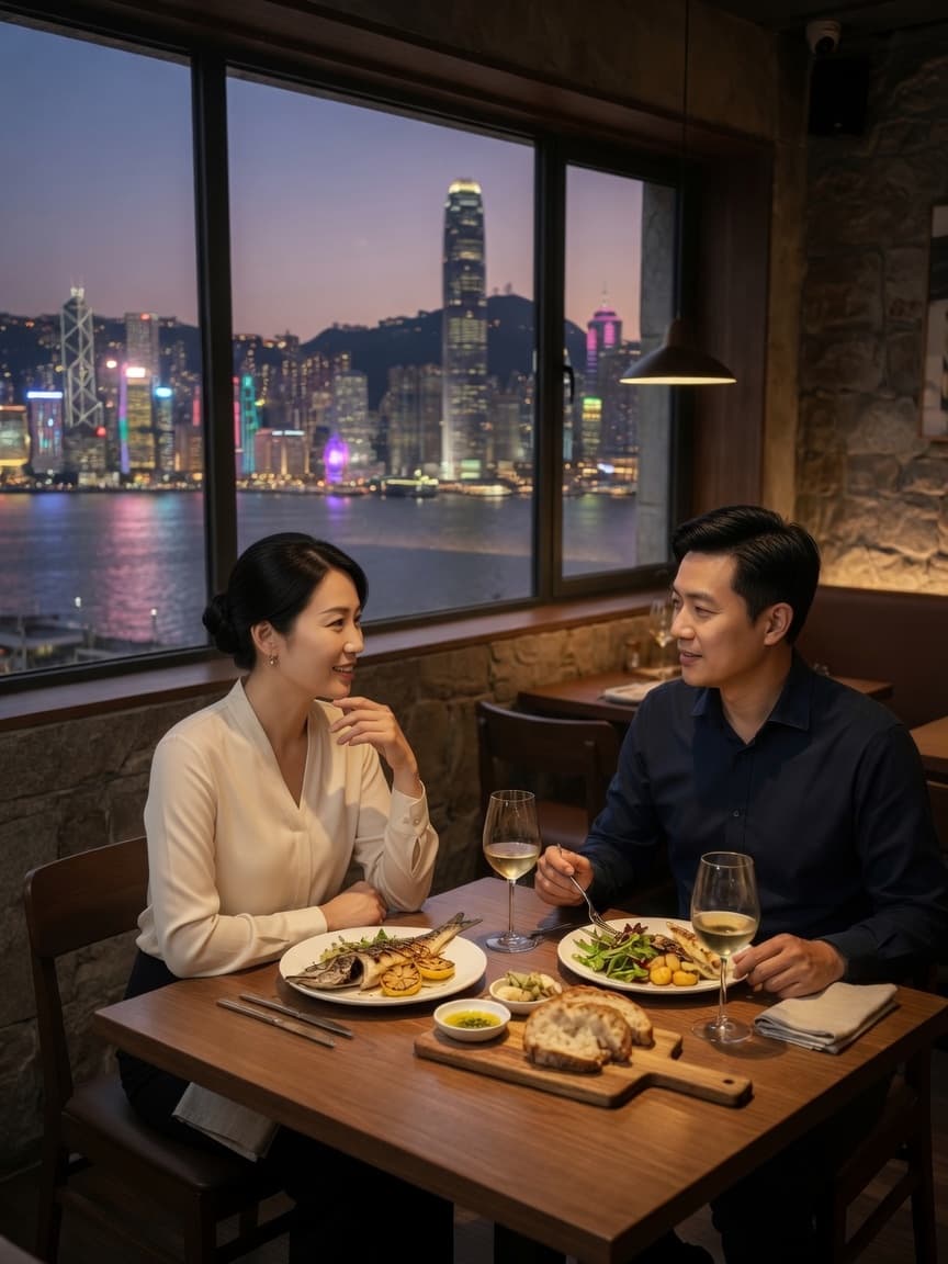 兩位約三十多歲的香港專業人士在餐廳晚飯；品牌情境示意。